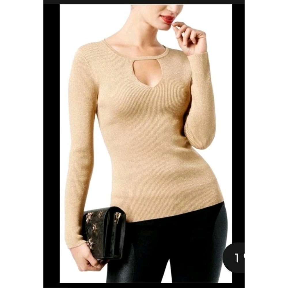 $90 INC International Keyhole Knit Top Gold Metallic Long Sleeve Sweater M